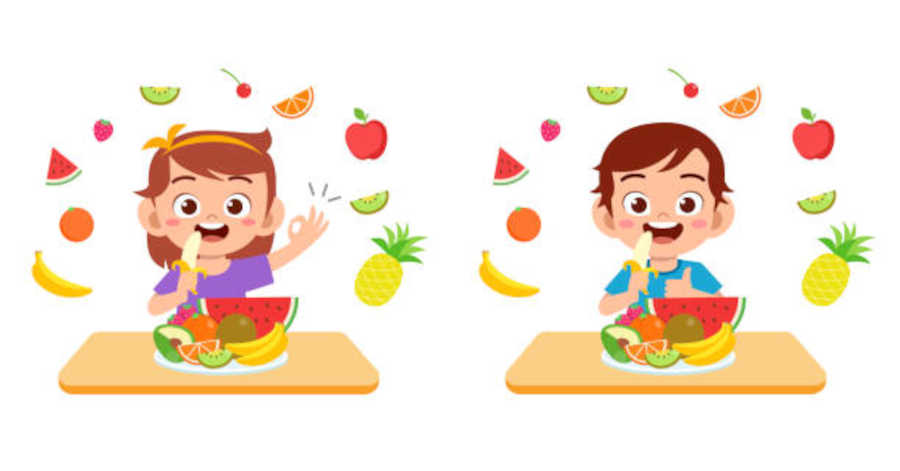Dziewczynka i chłopczyk, na około krążą owoce