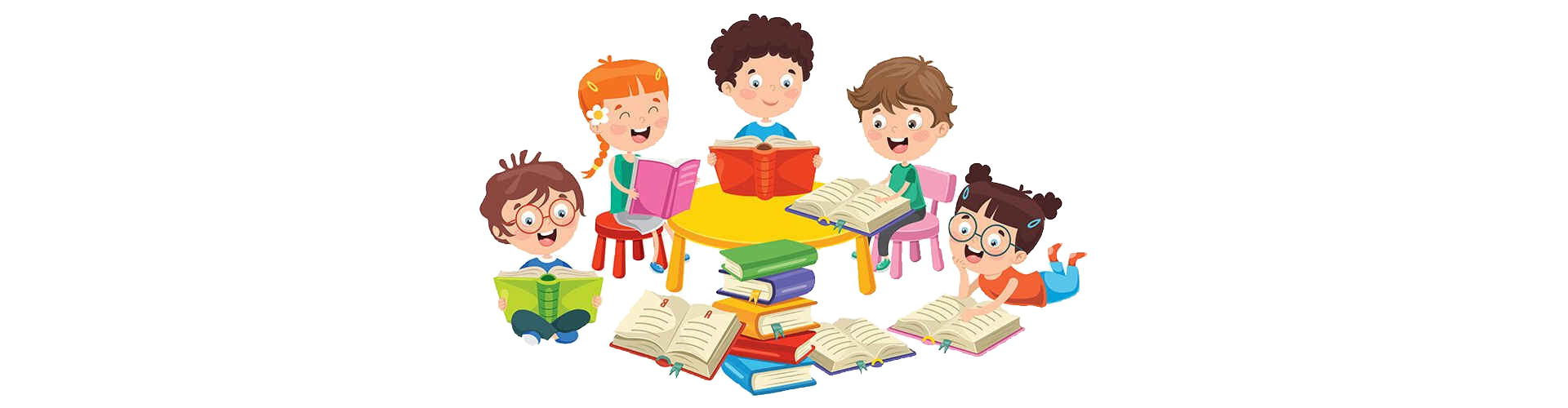 Rysunek siedzących dzieci z książkami