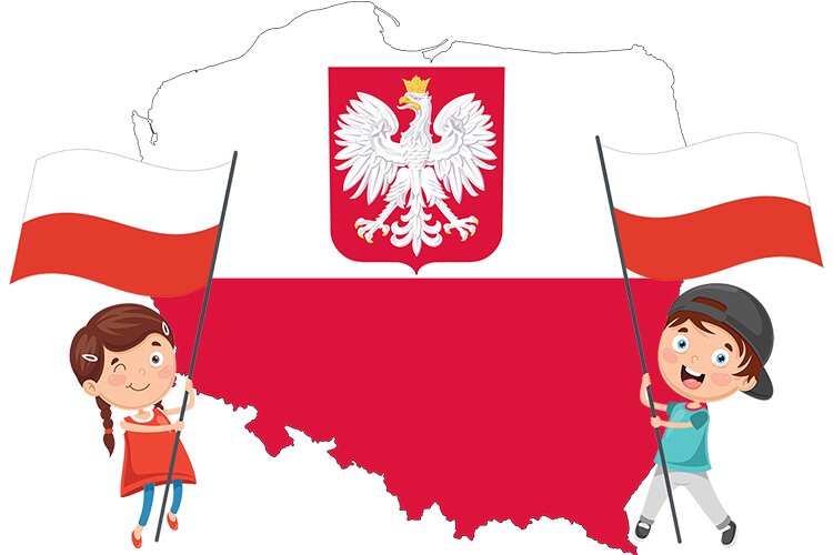 Kontury Polski, dzieci z flagami w polskich barwach