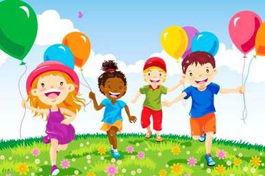 Rysunek biegnących dzieci z kolorowymi balonbami