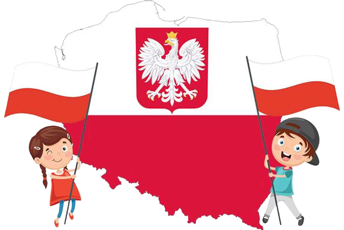 Rysunek - dzieci na tle mapy Polski w barwach narodowych, godło Polski, flagi