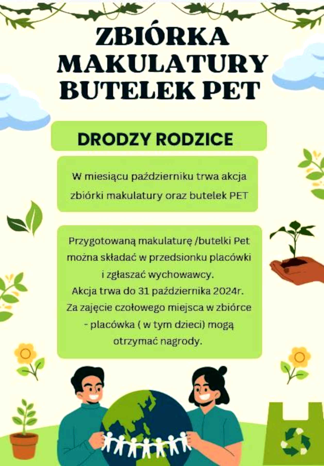 Plakat zbiórki makulatury i butelek PET