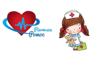 Serce z napisem pierwsza pomoc, dziewczynka w stroju pielęgniarki trzyma pluszowego miasia