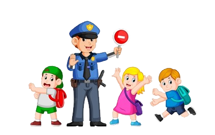 Rysunek z policjanta z czerwonym lizakiem i dziećmi