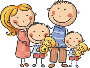 Rysunek uśmiechniętej rodziny, mama, tata, dwoje dzieci z misiami