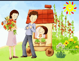 Kobieta z kwiatami, mężczyzna, dziecko, domek, ogródek, słońce