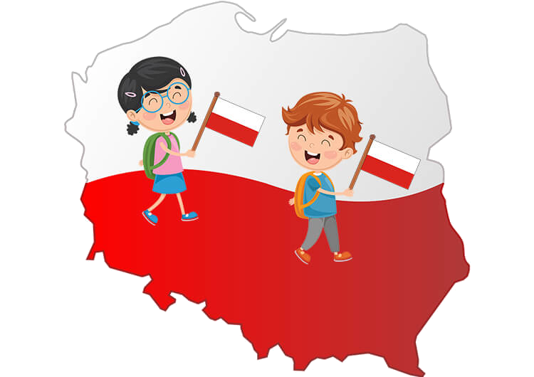 Rysunek Polski z dziećmi z horągiewkami