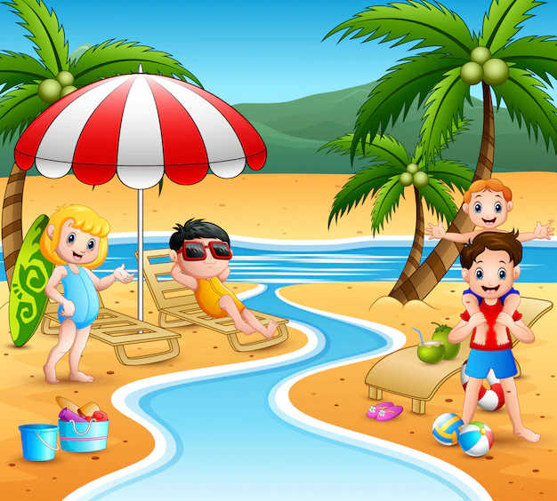 Dzieci na plaży, parasol, palmy, rzeka