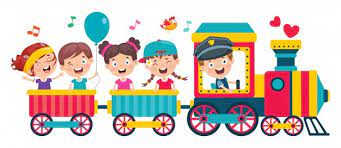 Dzieci w kolorowej kolejce, maszynista w lokomotywie