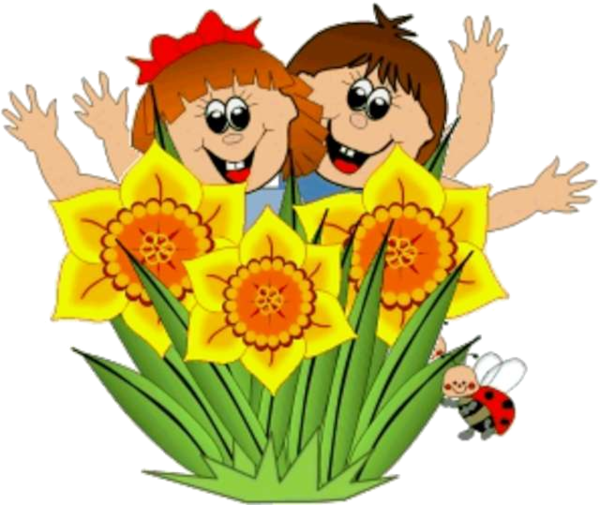 Rysunek dziewczynka i chłopczyk, kwiatki, biedronka