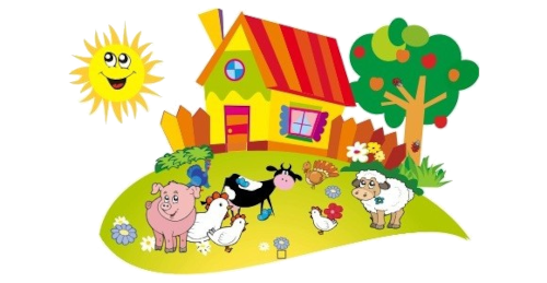 Kolorowa łąka ze zwierzętami domowymi, domek