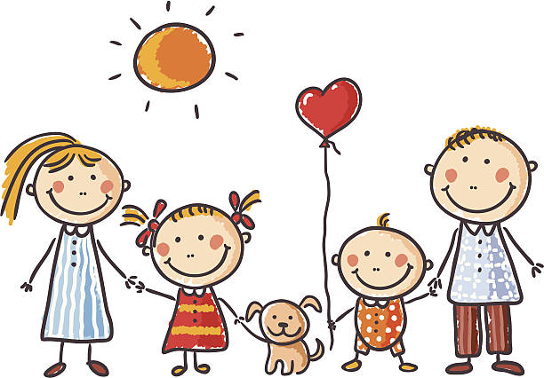 Rysunek mama, tata, dwoje dzieci, pies, balon w kształcie serca