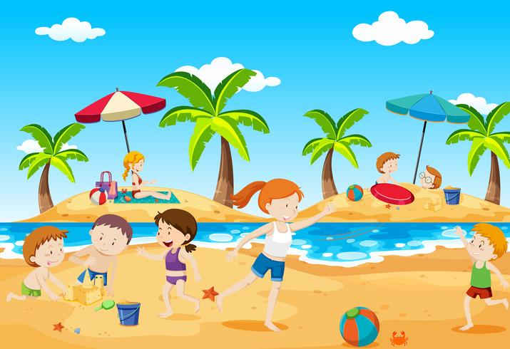 Dzieci, plaża, woda, palmy