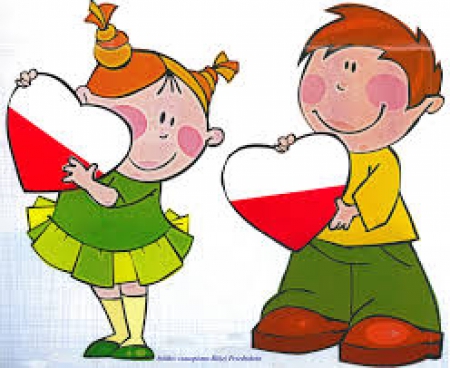 Rysunek chłopczyk i dziewczynka z sercami w kolach biało czerwonych