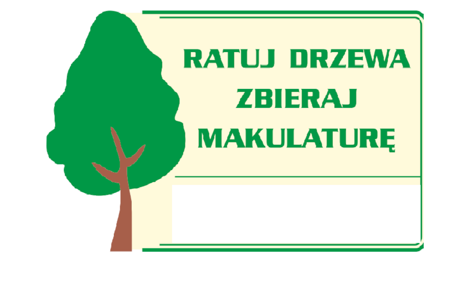 Rysunek zielonego drzewa z napisem ratuj drzewa zbieraj makulaturę
